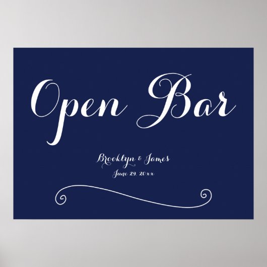 Elegant Navy Blue Wedding Open Bar Sign Poster (Voorkant)