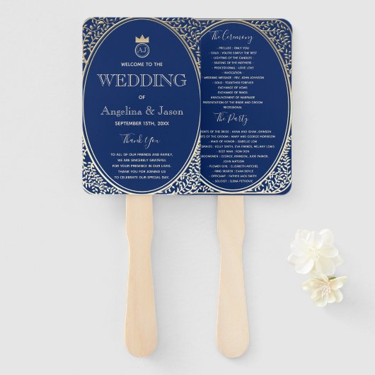 Elegant Navy Blue Wedding Programme Handwaaier (Voorkant en achterkant)
