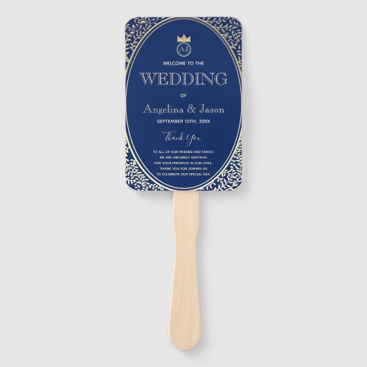 Elegant Navy Blue Wedding Programme Handwaaier (Voorkant)