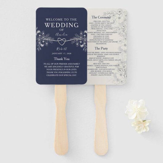 Elegant Navy Blue Wedding Programme Handwaaier (Voorkant en achterkant)