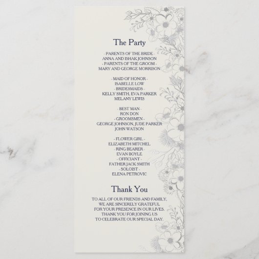 Elegant Navy Blue Wedding Programme Programmakaart (Achterkant)