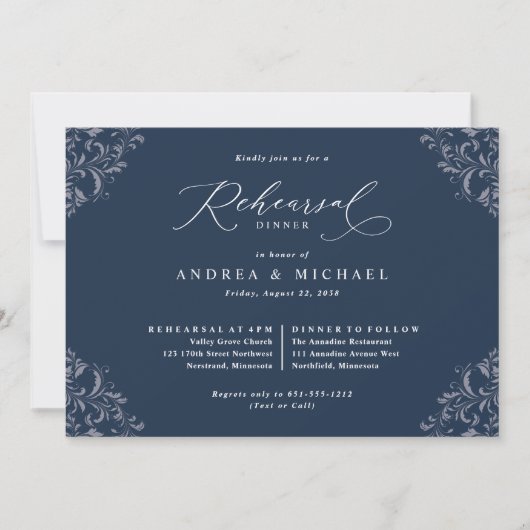 Elegant Navy Blue Wedding Rehearsal Dinner Kaart (Voorkant)