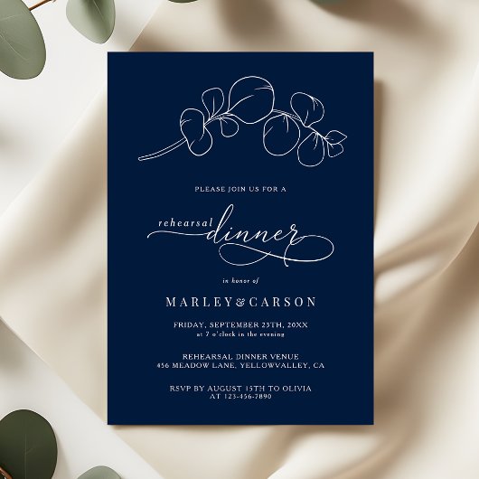 Elegant Navy Blue Wedding Rehearsal Dinner Kaart