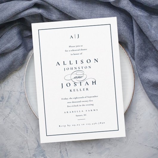 Elegant Navy Blue Wedding Rehearsal Dinner Kaart