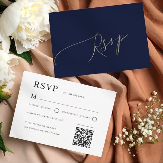 Elegant Navy Blue Wedding RSVP Kaartje
