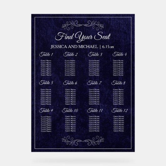 Elegant Navy Blue Wedding Seating Chart Acryl Bord (Voorkant)