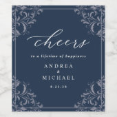 Elegant Navy Blue Wedding Wine Bottle Labels Wijn Etiket (Enkel label)