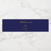 Elegant Navy Blue Welcome Script Monogram Waterfles Etiket (Enkel label)