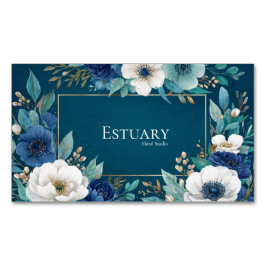 Elegant Navy Blue White Anemone Teal Gold Frame Magnetisch Visitekaartje