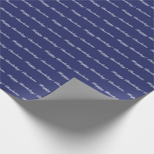 Elegant navy blue white custom scriptnaam cadeaupapier (Hoek)