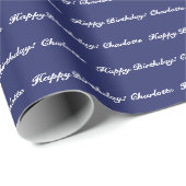 Elegant navy blue white custom scriptnaam cadeaupapier (Rol Hoek)