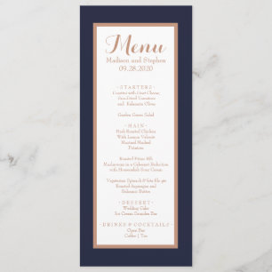 Elegant Navy Blue, White en Faux Roos Gold Wedding Menu