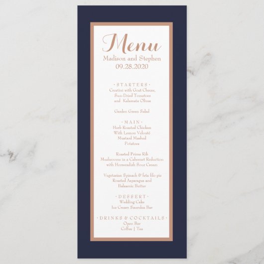 Elegant Navy Blue, White en Faux Roos Gold Wedding Menu (Voorkant)
