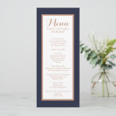 Elegant Navy Blue, White en Faux Roos Gold Wedding Menu (Staand voorkant)