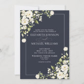 Elegant Navy Blue White Floral Foto Weddenschap Kaart (Voorkant)