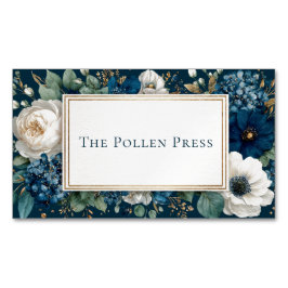 Elegant Navy Blue White Floral Gold Glitter Frame Magnetisch Visitekaartje