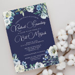 Elegant Navy Blue White Floral Modern Bat Mitzvah Kaart<br><div class="desc">Mooie witte pony bloemen en groene waterverf bladeren vormen een elegante grens aan deze marineblauwe florale Bat Mitzvah uitnodiging. De naam van je dochter staat op deze ceremonie in de vorm van een witte kalligrafie in de vorm van een chic, een witte kalligrafie of een partijuitnodiging voor een joodse familie...</div>