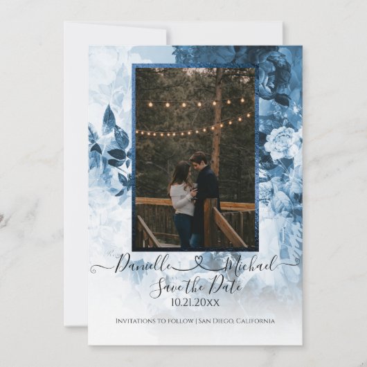 Elegant Navy Blue White Floral Script Heart Foto Save The Date (Voorkant)