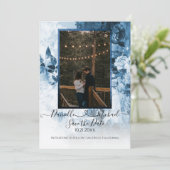 Elegant Navy Blue White Floral Script Heart Foto Save The Date (Staand voorkant)