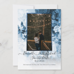 Elegant Navy Blue White Floral Script Heart Foto Save The Date