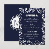 Elegant Navy Blue White Floral Wedding Information Informatiekaartje (Voorkant / Achterkant)