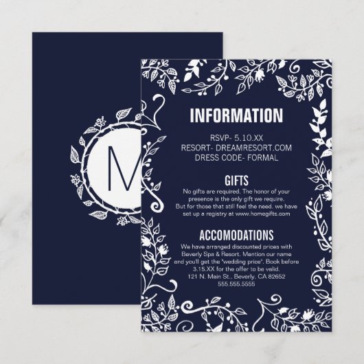 Elegant Navy Blue White Floral Wedding Information Informatiekaartje (Voorkant / Achterkant)