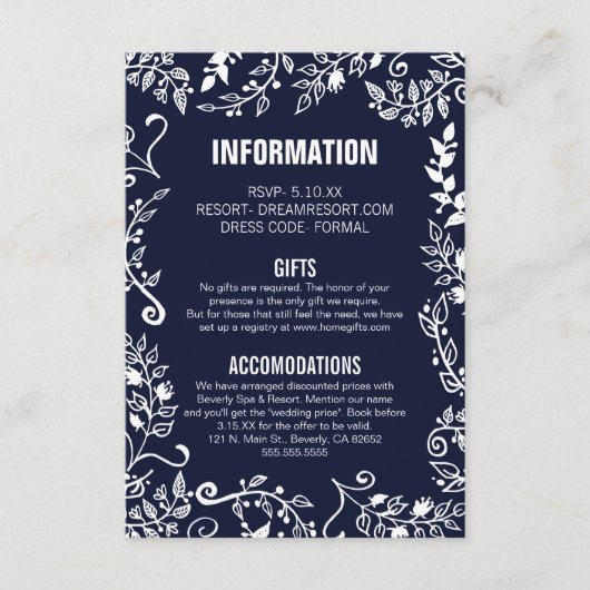Elegant Navy Blue White Floral Wedding Information Informatiekaartje (Voorkant)