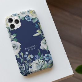 Elegant Navy Blue White Floral Winter Monogram iPhone 14 Hoesje