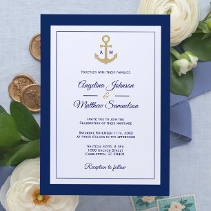 Elegant Navy Blue White Gold Nautical Wedding Kaart