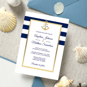 Elegant Navy Blue White Gold Nautical Wedding Kaart