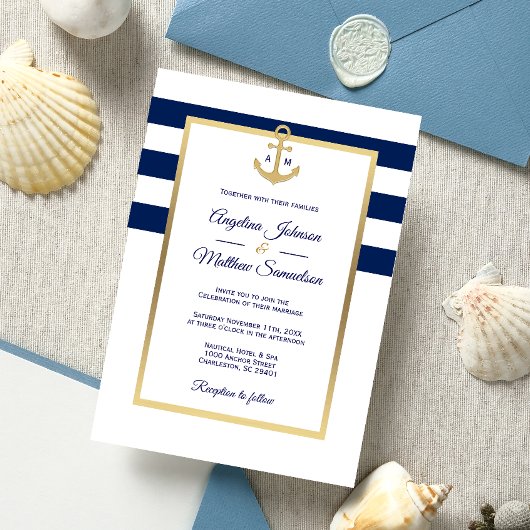 Elegant Navy Blue White Gold Nautical Wedding Kaart