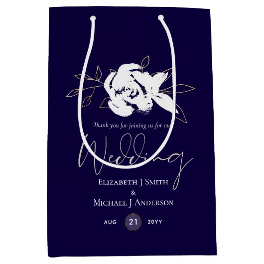 Elegant Navy Blue White Gold Wedding Medium Cadeauzakje (Voorkant)