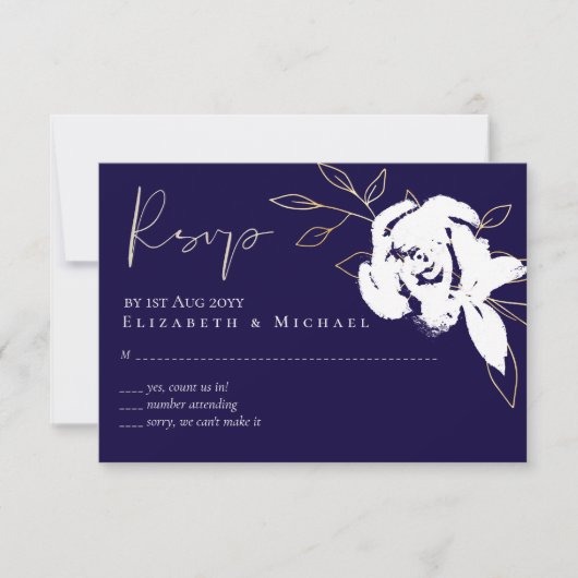 Elegant Navy Blue White Gold Wedding RSVP Menu (Voorkant)