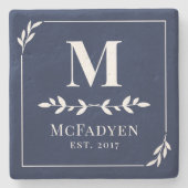 Elegant Navy Blue & White Greenery Monogram Stenen Onderzetter (Voorkant)