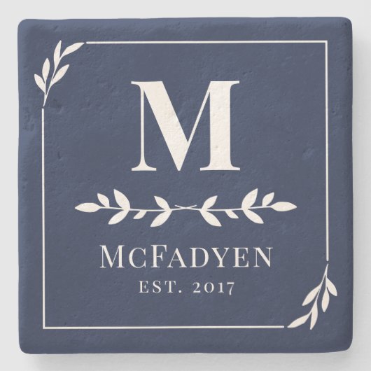Elegant Navy Blue & White Greenery Monogram Stenen Onderzetter (Voorkant)