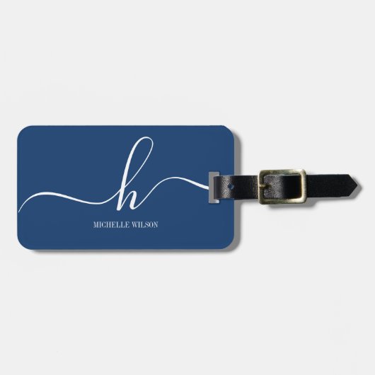 Elegant Navy Blue White Initial Script Name  Bagagelabel (Voorkant horizontaal)