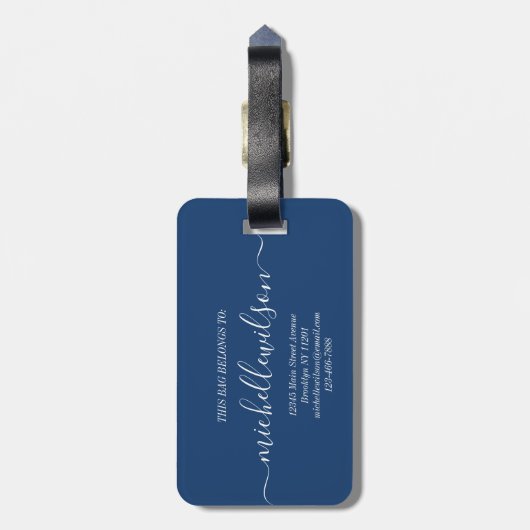 Elegant Navy Blue White Initial Script Name  Bagagelabel (Achterkant verticaal)