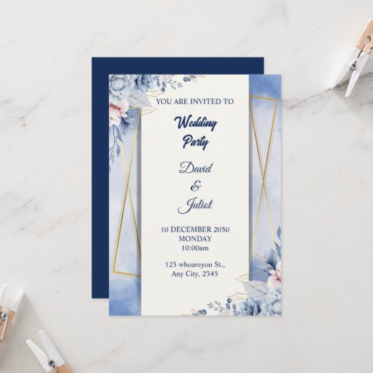 Elegant Navy Blue & White Kaart (Voorkant / Achterkant in situ)