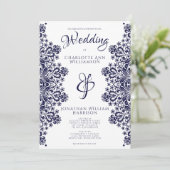 Elegant Navy Blue White Lace Romantic Wedding Invi Kaart (Staand voorkant)