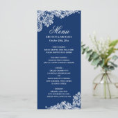 Elegant Navy Blue White Lace Wedding Menu Sjabloon (Staand voorkant)
