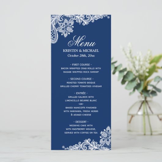 Elegant Navy Blue White Lace Wedding Menu Sjabloon (Staand voorkant)