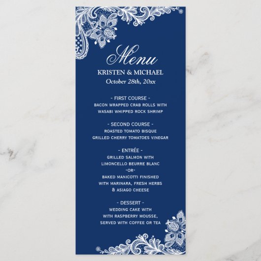 Elegant Navy Blue White Lace Wedding Menu Sjabloon (Voorkant)