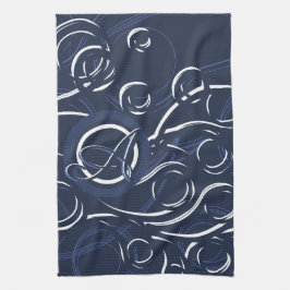 Elegant Navy Blue & White Modern Monogram Patroon Theedoek