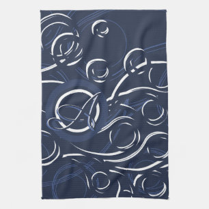 Elegant Navy Blue & White Modern Monogram Patroon Theedoek