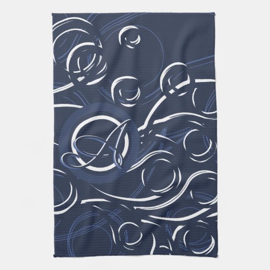 Elegant Navy Blue & White Modern Monogram Patroon Theedoek (Verticaal)