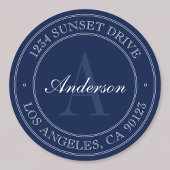 Elegant Navy Blue & White Monogram Adres Ronde Sticker