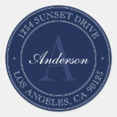 Elegant Navy Blue & White Monogram Adres Ronde Sticker (Voorkant)