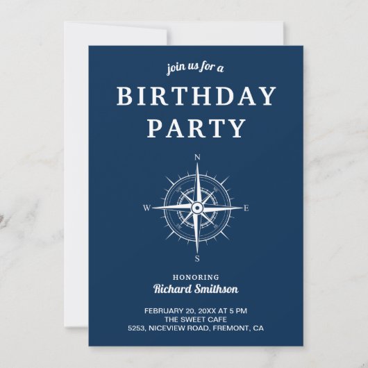 Elegant Navy Blue White Nautical Compass Birthday Kaart (Voorkant)