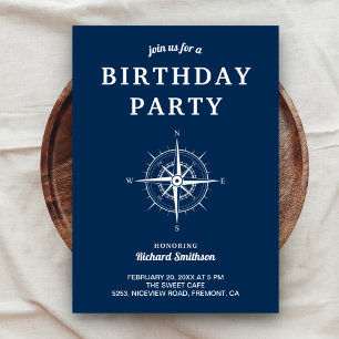 Elegant Navy Blue White Nautical Compass Birthday Kaart