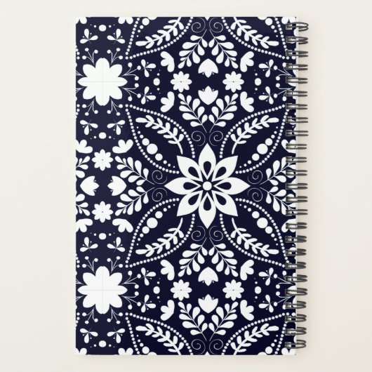 Elegant Navy Blue White Nordic Folk Floral Pattern Planner (Achterkant)